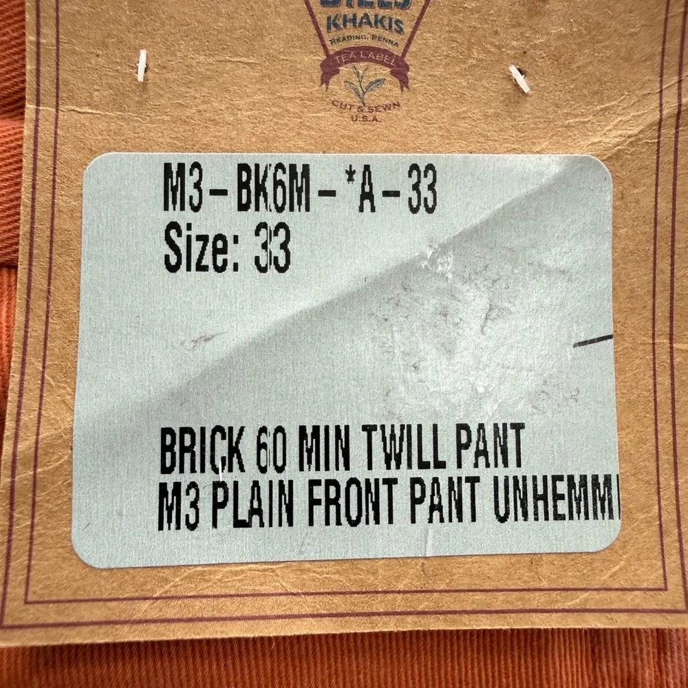 Bills Khakis M3 Brick 60 Min Twill Pant Orange Trim Fit Mens 33 Raw Hem USA